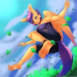 Size: 3000x3000 | Tagged: safe, artist:artsenravenbrave, derpibooru import, scootaloo, anthro, pegasus, anklet, ass, barefoot, butt, clothes, feet, female, fetish, foot fetish, image, jeans, jewelry, leaf, older, older scootaloo, pants, peace sign, png, ripped jeans, ripped pants, scarf, soles, solo, tongue out, torn clothes, tube top