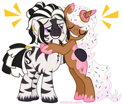 Size: 1200x1022 | Tagged: safe, artist:jennieoo, derpibooru import, oc, oc:donut daydream, pony, unicorn, zebra, donut, food, happy, hug, image, png, simple background, smiling, transparent background, vector