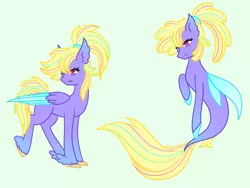 Size: 1280x960 | Tagged: safe, artist:ocean-drop, derpibooru import, oc, unofficial characters only, classical hippogriff, hippogriff, seapony (g4), dorsal fin, feather, fins, fin wings, flowing tail, image, interspecies offspring, jpeg, magical lesbian spawn, offspring, parent:princess skystar, parent:rainbow dash, pink eyes, simple background, solo, tail, wings, yellow mane