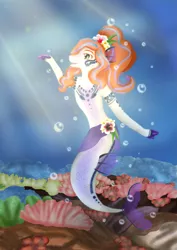 Size: 2059x2912 | Tagged: safe, artist:witchykittyarts, derpibooru import, oc, unofficial characters only, merpony, bubble, crepuscular rays, dorsal fin, female, fins, fish tail, flower, flower in hair, flowing tail, green eyes, image, looking up, ocean, open mouth, png, solo, sunlight, tail, underwater, water