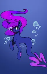 Size: 540x831 | Tagged: safe, artist:calla--lily, derpibooru import, oc, unofficial characters only, merpony, pony, seapony (g4), unicorn, bubble, crepuscular rays, deviantart watermark, female, fins, fish tail, flowing mane, image, looking at you, obtrusive watermark, ocean, png, purple mane, redraw, seaponified, signature, simple background, smiling, solo, species swap, tail, underwater, water, watermark