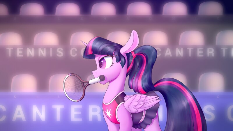 Size: 3840x2160 | Tagged: safe, artist:silshadnic, twilight sparkle, twilight sparkle (alicorn), alicorn, pony, clothes, english, female, image, jpeg, mare, mouth hold, skirt, solo, sports, sports outfit, tennis, tennis racket
