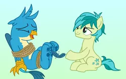 Size: 2700x1699 | Tagged: safe, derpibooru import, gallus, sandbar, earth pony, gryphon, feather, gay, image, laughing, male, males only, paws, png, redone, remake, tickle torture, tickling, tied up