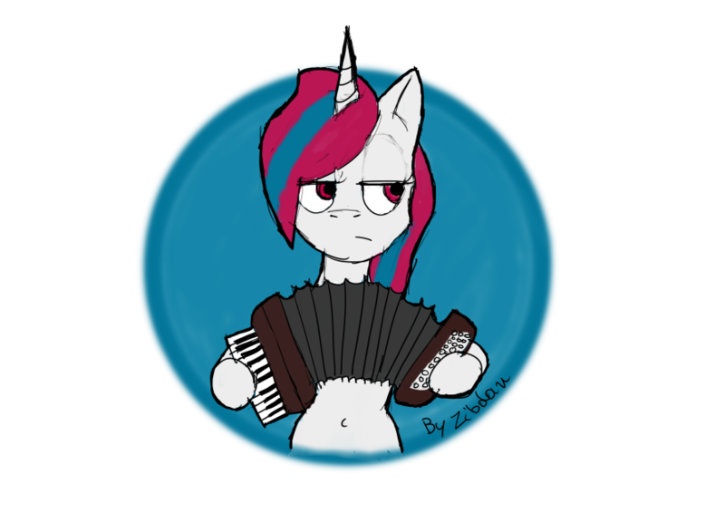 Size: 888x628 | Tagged: safe, artist:zibdan, derpibooru import, oc, oc:snowi, pony, unicorn, accordion, blue hair, female, horn, image, mare, musical instrument, playing, plays the accordion, png, red and blue, red eyes, red hair, white pony