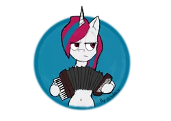 Size: 888x628 | Tagged: safe, artist:zibdan, derpibooru import, oc, oc:snowi, pony, unicorn, accordion, blue hair, female, horn, image, mare, musical instrument, playing, plays the accordion, png, red and blue, red eyes, red hair, white pony