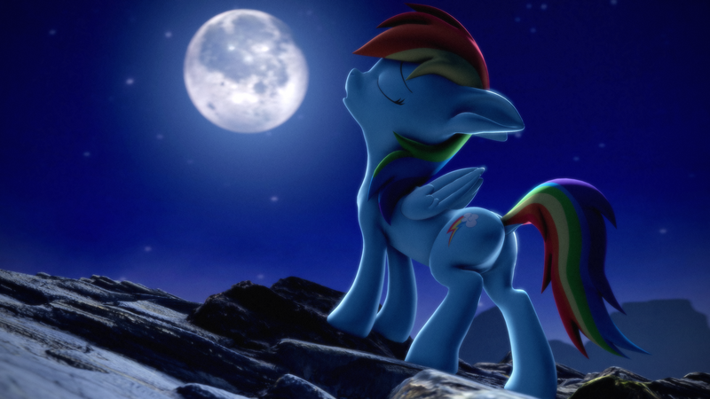 Size: 3840x2160 | Tagged: safe, alternate version, artist:psfmer, derpibooru import, rainbow dash, pegasus, pony, 3d, butt, dock, eyes closed, female, howling, image, mare, moon, plot, png, rainbutt dash, sky, solo, source filmmaker, stars