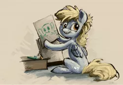Size: 6279x4339 | Tagged: safe, artist:rigbyh00ves, derpibooru import, derpy hooves, frog, pegasus, pony, absurd resolution, crayon, drawing, female, image, jpeg, looking at you, mare, sitting, smiling, smiling at you, solo