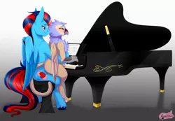 Size: 2600x1800 | Tagged: suggestive, artist:pinktabico, derpibooru import, oc, oc:andrew swiftwing, oc:nyna kyo, unofficial characters only, gryphon, pegasus, blushing, image, implied sex, musical instrument, piano, png, wings