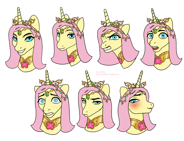 Size: 3616x2771 | Tagged: safe, alternate version, artist:infrej, derpibooru import, fluttershy, oc, oc:princess fluttershy, alicorn, pony, alicorn oc, alicornified, alternate hairstyle, alternate universe, bust, commission, element of kindness, emoticon, fluttercorn, horn, image, jewelry, png, princess fluttershy, race swap, solo, tiara, wings, ych result