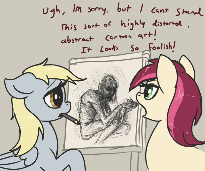 Size: 2868x2388 | Tagged: safe, artist:t72b, derpibooru import, derpy hooves, roseluck, earth pony, pegasus, pony, wendigo, drawing, horse puns, image, mouth hold, pencil, png, pun, simple background, sketch, text