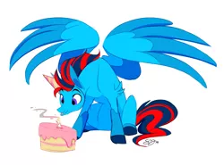 Size: 2000x1480 | Tagged: safe, artist:probablyfakeblonde, derpibooru import, oc, oc:andrew swiftwing, unofficial characters only, pegasus, birthday cake, blowing, cake, candle, food, hat, image, party hat, png, spread wings, wings