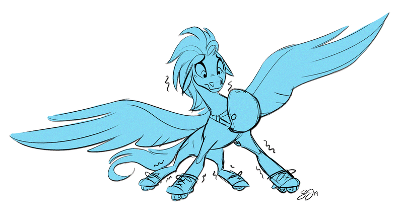 Size: 2296x1270 | Tagged: safe, artist:probablyfakeblonde, derpibooru import, oc, oc:andrew swiftwing, unofficial characters only, pegasus, helmet, image, nervous, png, roller skates, sketch, spread wings, wings