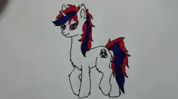 Size: 1040x584 | Tagged: safe, derpibooru import, oc, oc:snowi, pony, unicorn, blue hair, female, horn, image, jpeg, mare, red and blue, red eyes, red hair, traditional art, white pony