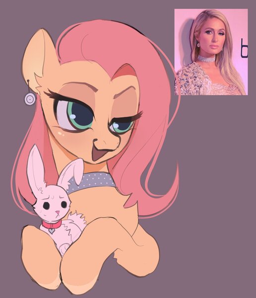 Size: 1760x2048 | Tagged: safe, artist:draw__3, derpibooru import, angel bunny, fluttershy, pegasus, pony, rabbit, animal, chest fluff, choker, collar, ear piercing, earring, image, jewelry, jpeg, lidded eyes, open mouth, paris hilton, piercing, smiling