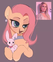 Size: 1760x2048 | Tagged: safe, artist:draw__3, derpibooru import, angel bunny, fluttershy, pegasus, pony, rabbit, animal, chest fluff, choker, collar, ear piercing, earring, image, jewelry, jpeg, lidded eyes, open mouth, paris hilton, piercing, smiling