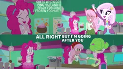 Size: 1280x720 | Tagged: safe, derpibooru import, edit, edited screencap, editor:quoterific, screencap, fleur-de-lis, pinkie pie, wiz kid, equestria girls, equestria girls series, tip toppings, spoiler:eqg series (season 2), clothes, cute, cutie mark, cutie mark on clothes, diapinkes, eyes closed, female, geode of sugar bombs, image, jewelry, jpeg, magical geodes, male, necklace, open mouth, tanktop