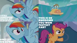 Size: 1280x720 | Tagged: safe, derpibooru import, edit, edited screencap, editor:quoterific, screencap, rainbow dash, scootaloo, pegasus, pony, season 6, the cart before the ponies, cart, female, filly, flying, goggles, image, mare, open mouth, png, smiling