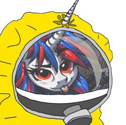 Size: 620x616 | Tagged: safe, derpibooru import, oc, oc:snowi, pony, unicorn, blue hair, female, gas mask, head, horn, image, mare, mask, png, protective suit, red and blue, red eyes, red hair, siut, tongue out, yellow suit