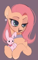 Size: 1314x2048 | Tagged: safe, artist:draw__3, edit, angel bunny, fluttershy, pegasus, pony, rabbit, animal, bust, chest fluff, choker, collar, ear piercing, earring, female, gray background, image, jewelry, lidded eyes, mare, open mouth, piercing, png, simple background, smiling