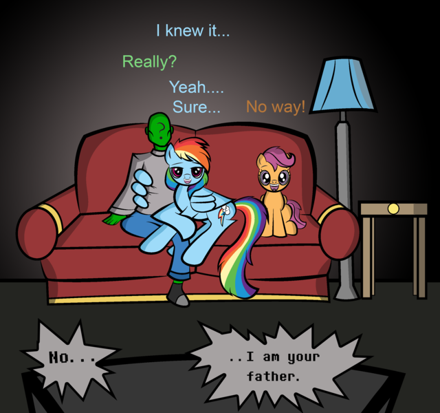 Size: 2550x2392 | Tagged: safe, artist:vareb, derpibooru import, rainbow dash, scootaloo, oc, oc:anon, human, pegasus, pony, couch, cute, hug, image, lamp, movie night, png, star wars, table, television, text, wholesome, winghug, wings