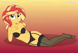 Size: 9930x6799 | Tagged: suggestive, artist:alandssparkle, derpibooru import, sunset shimmer, equestria girls, belly button, black underwear, bra, breasts, busty sunset shimmer, clothes, draw me like one of your french girls, feet, female, frilly bra, frilly underwear, garters, gradient background, hand on chest, image, lingerie, looking at you, panties, png, ribbon, sexy, signature, simple background, smiling, smiling at you, socks, solo, stockings, strapless bra, thigh highs, underwear