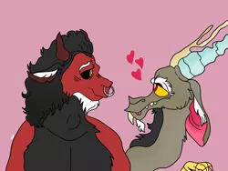 Size: 2048x1536 | Tagged: safe, artist:komodoyena, derpibooru import, discord, lord tirek, cute, discute, gay, heart, image, looking at each other, male, nose piercing, piercing, pink background, png, shipping, simple background, tirekcord, tongue out