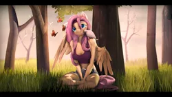 Size: 8000x4500 | Tagged: safe, artist:imafutureguitarhero, derpibooru import, fluttershy, anthro, bird, butterfly, insect, pegasus, pony, unguligrade anthro, art pack:summer booty, 3d, absurd resolution, alternate hairstyle, belly button, black bars, blushing, cheek fluff, chromatic aberration, clothes, colored eyebrows, colored eyelashes, crossed legs, cute, ear fluff, ear piercing, earring, fangs, female, film grain, floppy ears, fluffy, grass, headband, hippieshy, image, jeans, jewelry, jpeg, mare, outdoors, pants, piercing, revamped anthros, revamped ponies, shorts, shoulder fluff, shyabetes, signature, sitting, sitting on ground, smiling, source filmmaker, tanktop, tree, wall of tags, wings