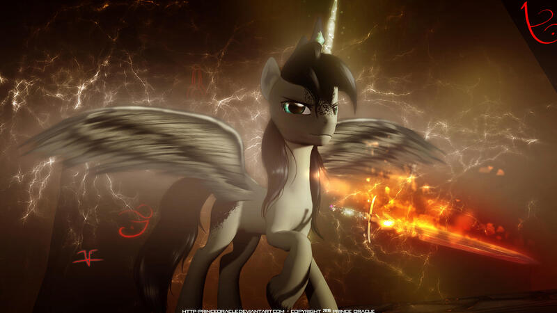 Size: 3265x1837 | Tagged: safe, artist:princeoracle, derpibooru import, oc, oc:prince oracle, alicorn, pony, 3d, alicorn oc, crown, embers, epic, fire, glorious, glow, gmod, green eyes, hair, horn, image, inspired by a song, jewelry, jpeg, luminescent, majestic, male, mane, realistic mane, regalia, royalty, song in the description, spread wings, stallion, sword, tail, weapon, wings