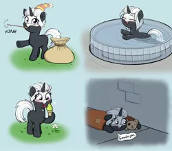 Size: 4000x3504 | Tagged: safe, artist:heretichesh, derpibooru import, oc, oc:s.leech, pony, unicorn, blank flank, blanket, blushing, eating, eyes closed, female, filly, food, fountain, hat, ice cream, ice cream cone, image, jpeg, licking, party hat, party horn, solo, swimming, teddy bear, tongue out