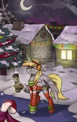 Size: 1956x3100 | Tagged: safe, artist:lonerdemiurge_nail, derpibooru import, derpy hooves, alicorn, alicornified, candy, candy cane, christmas, christmas lights, christmas sweater, christmas tree, clothes, coffee cup, crescent moon, cup, derpicorn, earmuffs, food, holiday, image, levitation, magic, moon, muffin, night, png, race swap, snow, solo, sweater, telekinesis, tree, winter