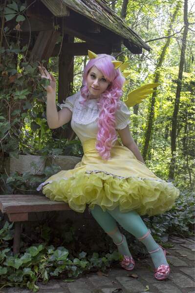 Size: 1361x2048 | Tagged: safe, artist:inochii cosplay, derpibooru import, fluttershy, human, clothes, cosplay, costume, forest, image, irl, irl human, jpeg, photo, sitting, tree