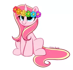 Size: 3688x3573 | Tagged: safe, artist:kittyrosie, derpibooru import, oc, oc:rosa flame, pony, blushing, cute, flower, flower in hair, image, png, redraw, simple background, sitting, white background