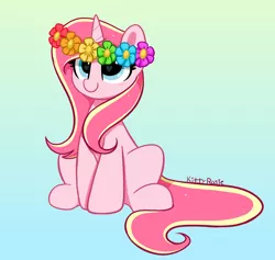 Size: 3688x3499 | Tagged: safe, alternate version, artist:kittyrosie, derpibooru import, oc, oc:rosa flame, pony, blushing, cute, flower, flower in hair, gradient background, image, png, redraw, simple background, sitting