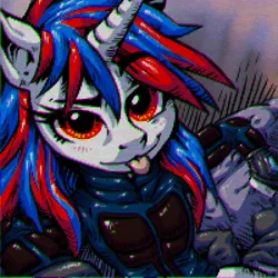 Size: 894x894 | Tagged: safe, artist:porcelain eyepiece, derpibooru import, oc, oc:snowi, pony, unicorn, fallout equestria, fallout equestria: project horizons, blue hair, clothes, eyelashes, fallout, fanfic art, female, horn, image, jpeg, mane, mare, red and blue, red eyes, red hair, stabel-tec uniform, tongue out, uniform, white pony