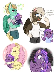 Size: 2048x2732 | Tagged: safe, artist:moccabliss, derpibooru import, dumbbell, fluttershy, zephyr breeze, oc, oc:zip zap, anthro, pegasus, pony, auntie fluttershy, crying, hug, image, magical gay spawn, offspring, parent and child, parent:dumbbell, parent:zephyr breeze, png, simple background, white background
