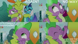 Size: 1280x720 | Tagged: safe, derpibooru import, edit, edited screencap, editor:quoterific, screencap, princess ember, spike, thorax, changedling, changeling, dragon, season 7, triple threat, ^^, cute, eyes closed, female, image, jpeg, king thorax, male, open mouth, smiling, spikabetes, thorabetes