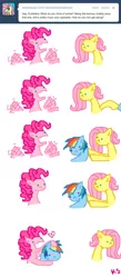 Size: 556x1280 | Tagged: safe, artist:askpinkiepieandfriends, derpibooru import, fluttershy, pinkie pie, rainbow dash, earth pony, pegasus, pony, ask, blushing, comic, female, holding a pony, image, lesbian, mare, open mouth, pinkiedash, png, shipping, simple background, tumblr, white background