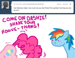 Size: 651x500 | Tagged: safe, artist:askpinkiepieandfriends, derpibooru import, pinkie pie, rainbow dash, earth pony, pegasus, pony, ask, balloonbutt, blushing, butt, butt shake, eyes on the prize, female, image, lesbian, mare, pinkiedash, plot, png, shipping, simple background, tumblr, white background