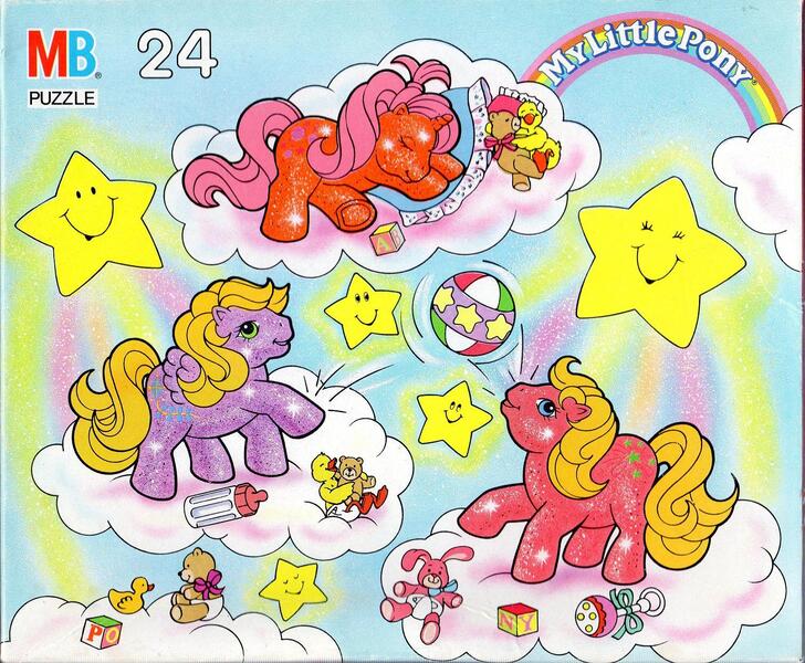 Size: 1509x1243 | Tagged: safe, derpibooru import, official, photographer:absol, baby sparkle north star, bird, duck, earth pony, pegasus, pony, unicorn, baby, baby bottle, baby pony, baby sparkle firefly, baby sparkle starflower, baby starflower, ball, blocks, cloud, female, g1, image, jpeg, my little pony logo, puzzle, stars, stuffed animals, toy, trio, trio female, walking on clouds