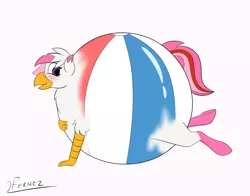 Size: 1148x900 | Tagged: safe, artist:furnaise, derpibooru import, oc, oc:foxxy hooves, hippogriff, ball, beach ball, blushing, female, fetish, hippogriff oc, image, inanimate tf, inflatable, inflatable fetish, inflatable toy, png, smiling, solo, transformation