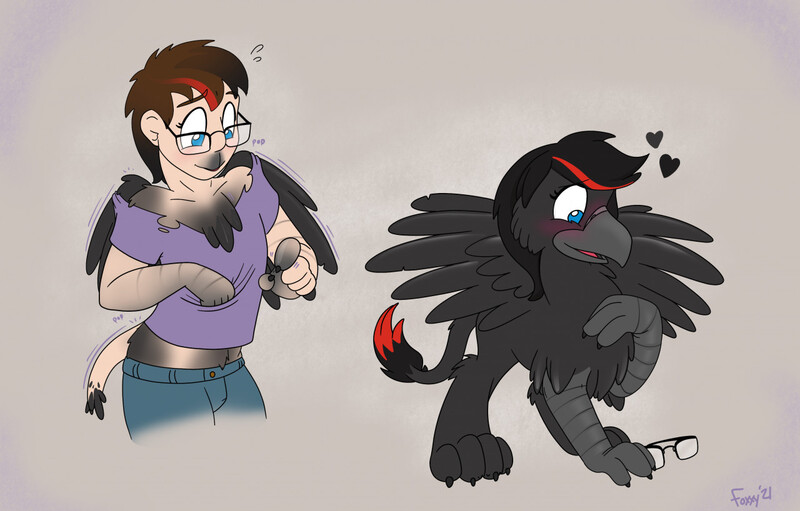 Size: 1280x818 | Tagged: safe, artist:foxxy-arts, derpibooru import, oc, gryphon, human, clothes, glasses, griffon oc, heart, human to griffon, image, jpeg, male to female, pants, rule 63, shirt, torn clothes, torn shirt, transformation, transgender transformation