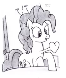 Size: 1024x1214 | Tagged: safe, artist:drchrisman, derpibooru import, pinkie pie, earth pony, pony, 28 pranks later, heart pounding, image, jpeg, monochrome, solo