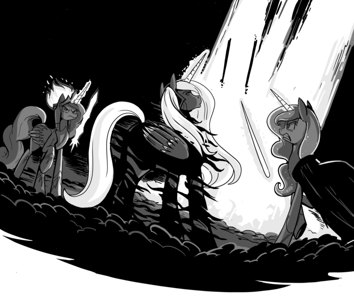 Size: 6584x5597 | Tagged: safe, artist:jowybean, derpibooru import, princess celestia, princess luna, oc, oc:titan, alicorn, pony, fanfic:the immortal game, alicorn oc, armor, cloak, clothes, cloud, commission, fanfic art, female, fire, grayscale, horn, image, magic, male, monochrome, on a cloud, png, raised hoof, stallion, sword, weapon, wings