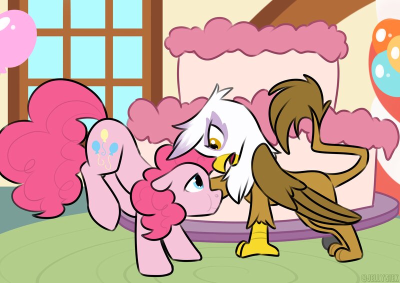 Size: 4093x2894 | Tagged: safe, artist:jellysiek, artist:jellysketch, derpibooru import, gilda, pinkie pie, earth pony, gryphon, pony, griffon the brush off, annoyed, cake, draw every mlp episode, food, image, jpeg, looking down, scene interpretation