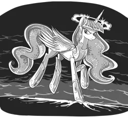 Size: 6224x5769 | Tagged: safe, artist:jowybean, derpibooru import, twilight sparkle, twilight sparkle (alicorn), alicorn, pony, fanfic:the immortal game, armor, commission, fanfic art, female, glare, grayscale, halo, image, mare, monochrome, on one hoof, png, solo, ultimate twilight