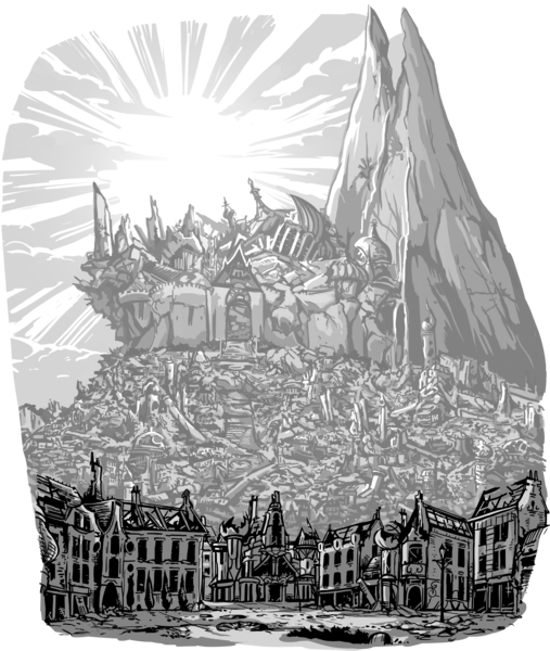 Size: 5297x6265 | Tagged: safe, artist:jowybean, derpibooru import, fanfic:the immortal game, canterlot, commission, fanfic art, grayscale, image, monochrome, no pony, png, ruins, scenery