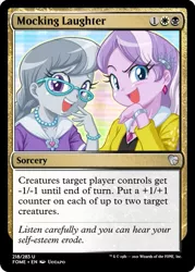 Size: 375x523 | Tagged: safe, artist:uotapo, derpibooru import, edit, diamond tiara, silver spoon, equestria girls, bracelet, ccg, ear piercing, earring, glasses, image, jewelry, laughingmares.jpg, magic the gathering, necklace, noblewoman's laugh, piercing, png, trading card, trading card edit