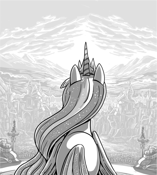 Size: 5695x6358 | Tagged: safe, artist:jowybean, derpibooru import, twilight sparkle, twilight sparkle (alicorn), alicorn, pony, fanfic:the immortal game, canterlot, commission, crowd, crown, fanfic art, female, grayscale, image, jewelry, mare, monochrome, png, rear view, regalia, scenery, solo focus, ultimate twilight