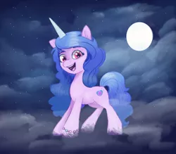 Size: 888x777 | Tagged: safe, artist:ponydevilgirl, derpibooru import, izzy moonbow, pony, unicorn, bracelet, cloud, cute, female, g5, image, izzybetes, jewelry, jpeg, looking at you, mare, moon, night, open mouth, solo, stars, unshorn fetlocks