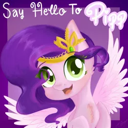 Size: 2048x2048 | Tagged: safe, artist:mlpclovertheclever, derpibooru import, pipp petals, pegasus, pony, abstract background, chest fluff, eye clipping through hair, female, g5, high res, image, jpeg, looking at you, mare, open mouth, solo, spread wings, text, wings